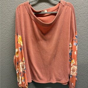 Coral Rib Knit Top with Floral Balloon Sleeves